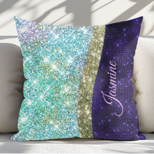 Chic iridescent purple blue faux glitter monogram throw pillow