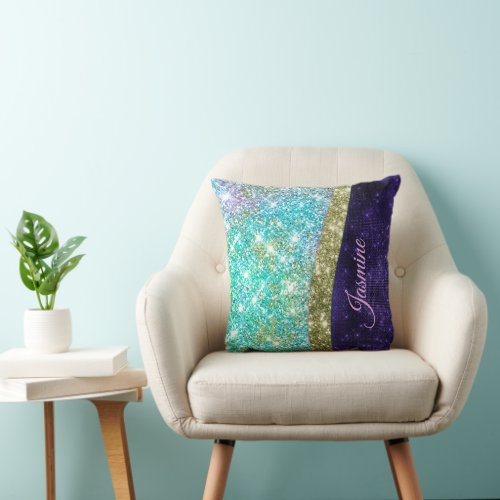 Chic iridescent purple blue faux glitter monogram throw pillow