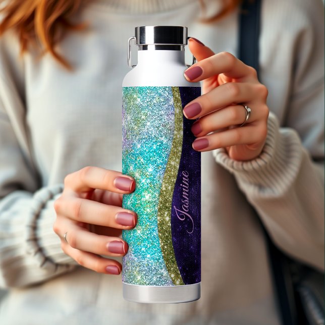 Chic iridescent purple blue faux glitter monogram water bottle (Creator Uploaded)