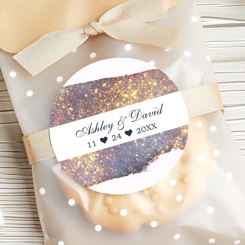 Chic Iridescent Purple Gold Glitter Wedding Classic Round Sticker