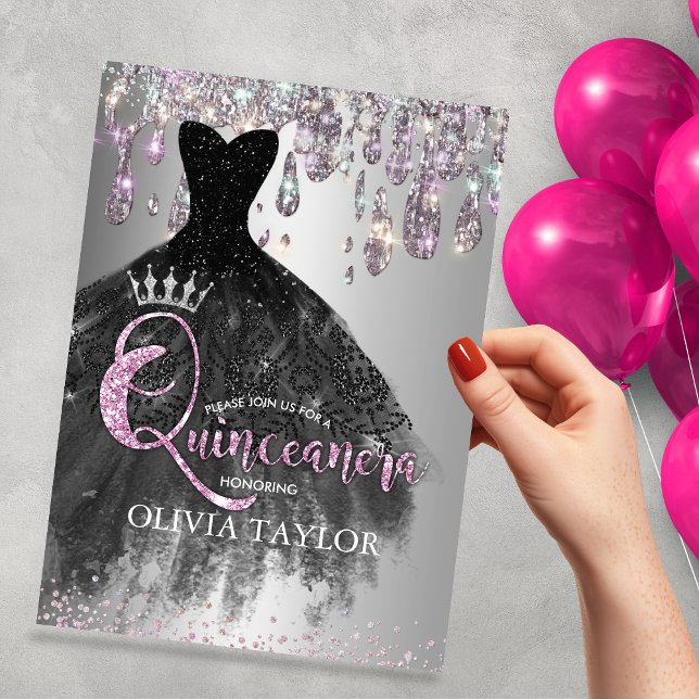 Chic iridescent silver glitter drips Quinceanera  Invitation (Creator Uploaded)