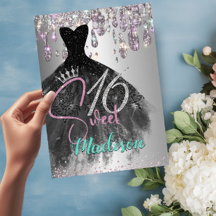 Chic iridescent silver glitter drips sweet 16 invitation