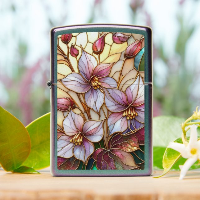 Chic Iridescent Stained Glass Floral Art Pattern Zippo Lighter (On Table)