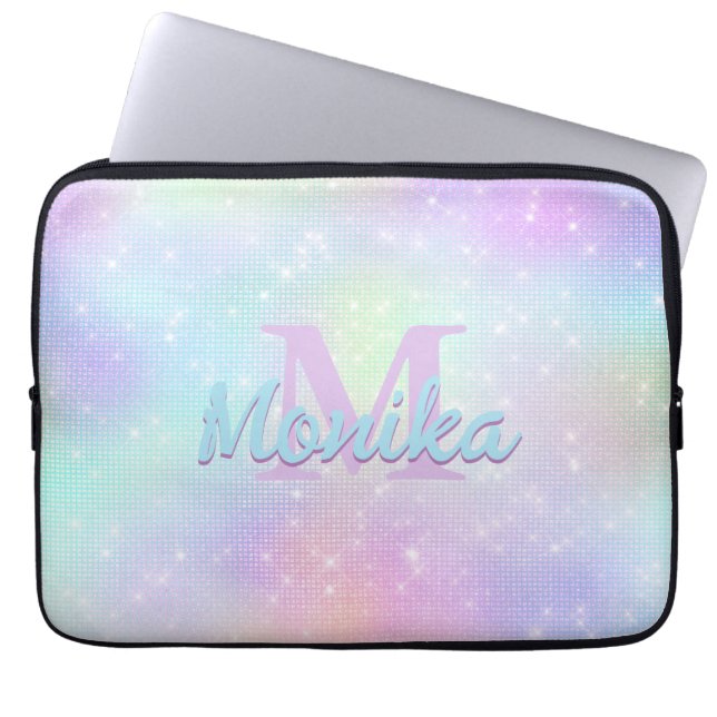 Chic iridescent unicorn pink faux glitter monogram laptop sleeve (Front)