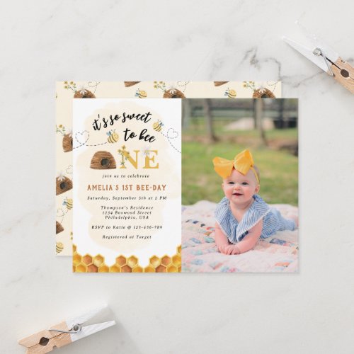 Chic Its so sweet to bee One first birthday Photo Invitation