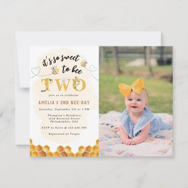Chic It’s so sweet to bee Two first birthday Photo Invitation (Front)