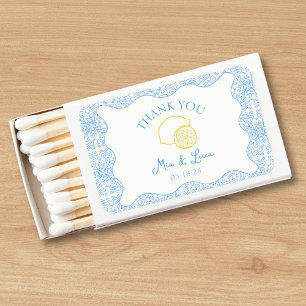 Chic Italian Lemon Blue Tiles Personalized Wedding Matchboxes
