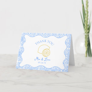 Chic Italian Lemon Blue Tiles Personalized Wedding Thank You Card