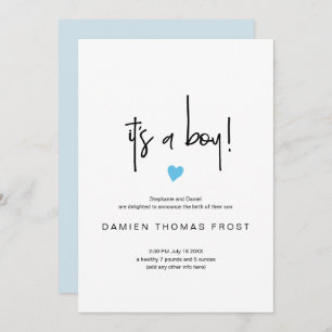 Chic It's A Boy Birth Announcement Tiny Blue Heart