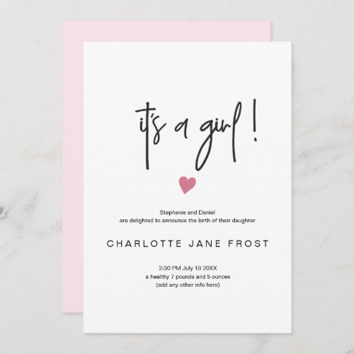 Chic Its A Girl Birth Announcement Tiny Pink Heart