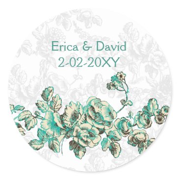 Chic Ivory and Teal Vintage Floral Wedding Classic Round Sticker