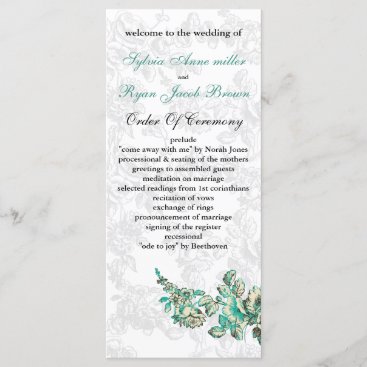Chic Ivory and Teal Vintage Floral Wedding Program