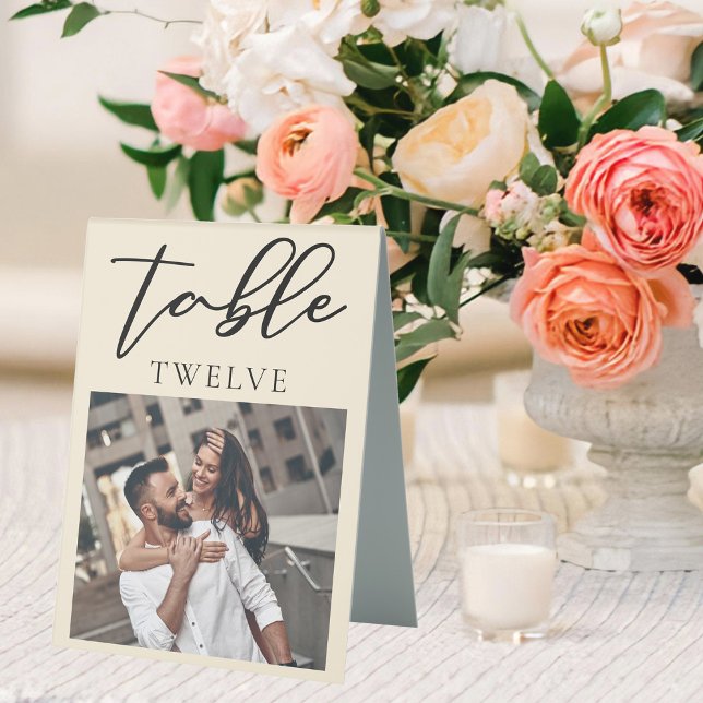 Chic Ivory Couple Photo Wedding Table Number Tent (Creator Uploaded)