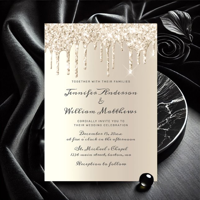 Chic Ivory Dripping Glitter Elegant Script Wedding Invitation (Ivory Dripping Glitter Elegant Script Wedding Invitation)
