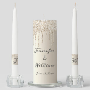 Chic Ivory Dripping Glitter Monogram Wedding Unity Candle Set