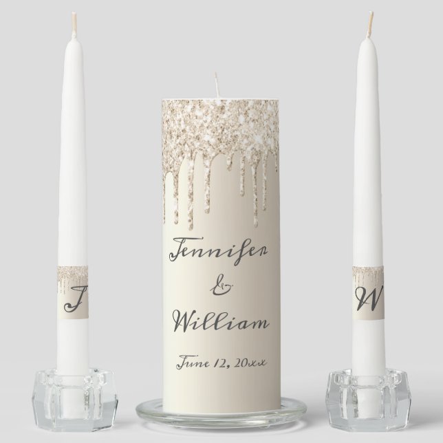 Chic Ivory Dripping Glitter Monogram Wedding Unity Candle Set (Front)