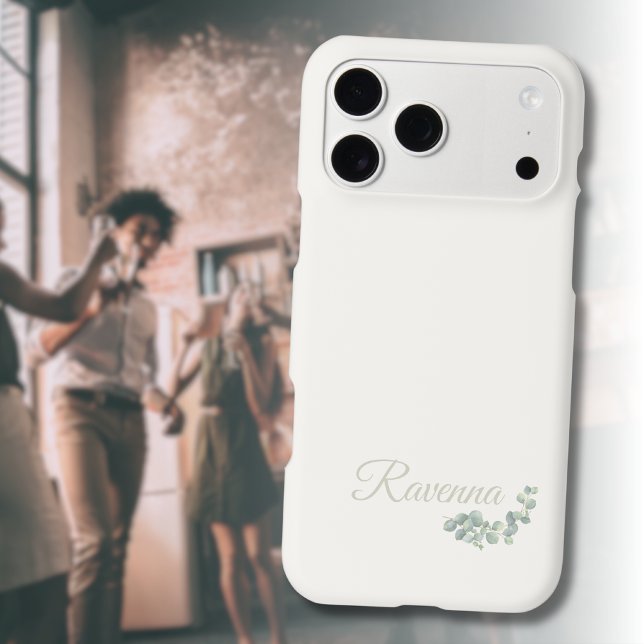 Chic Ivory Eucalyptus Sage Personalized Name iPhone Case (Creator Uploaded)