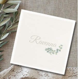 Chic Ivory Eucalyptus Sage Personalized Name Napkins