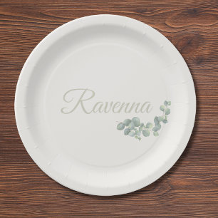 Chic Ivory Eucalyptus Sage Personalized Name Paper Plates