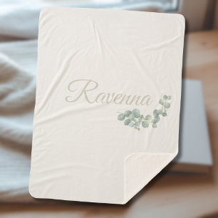 Chic Ivory Eucalyptus Sage Personalized Name Sherpa Blanket
