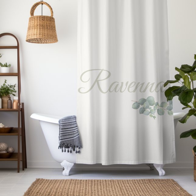 Chic Ivory Eucalyptus Sage Personalized Name Shower Curtain (Creator Uploaded)