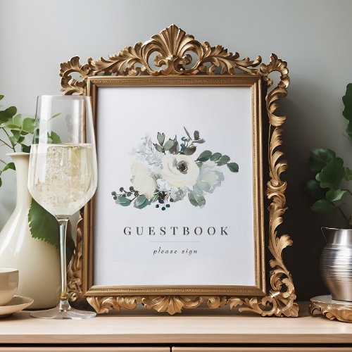 Chic Ivory Floral Greenery Wedding Guestbook Sign