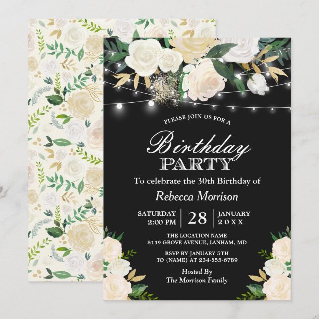 Chic Ivory Floral String Lights Birthday Party Invitation (Front/Back)
