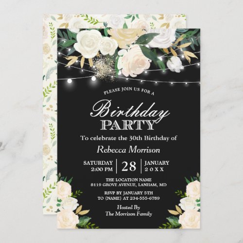 Chic Ivory Floral String Lights Birthday Party Invitation