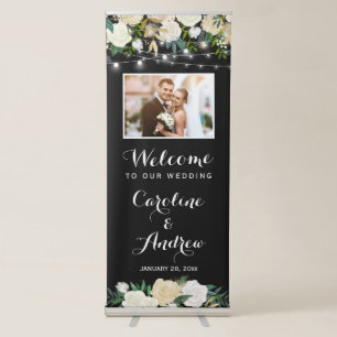Chic Ivory Floral String Lights Wedding Photo Retractable Banner