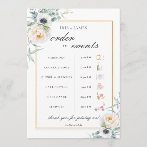 Chic Ivory Floral Wedding Order of Event Timeline  Program