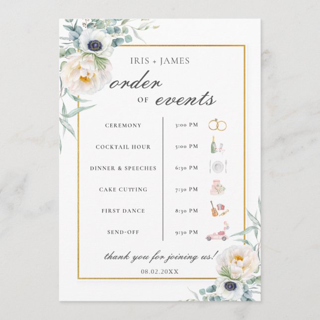Chic Ivory Floral Wedding Order of Event Timeline  Program (Front)