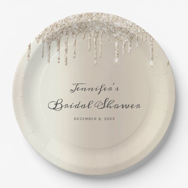 Chic Ivory Glitter Drips Script Bridal Shower Paper Plates (Front)