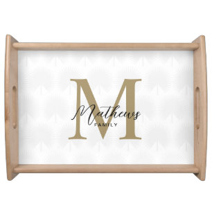 Chic Ivory Gold Anahaw Leaf Script Monogram Serving Tray