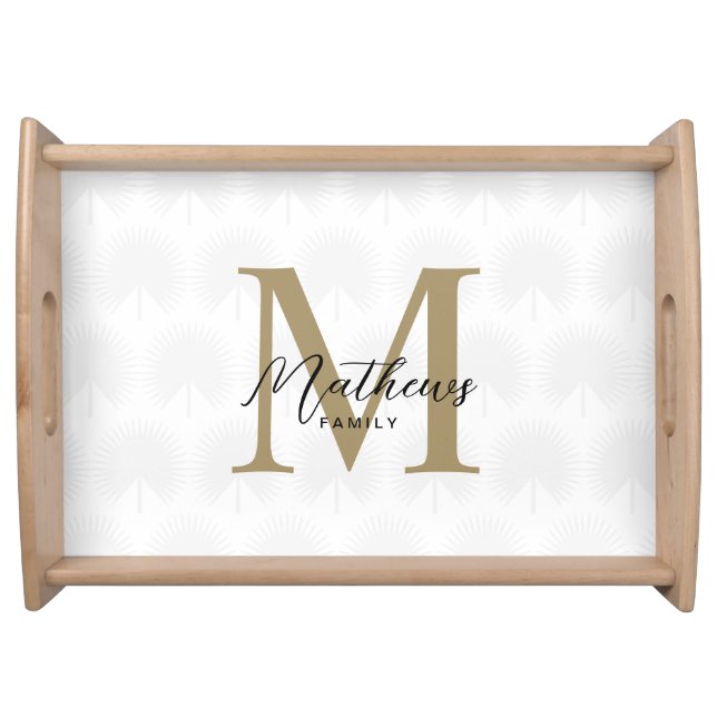 Chic Ivory Gold Anahaw Leaf Script Monogram Serving Tray (Front)