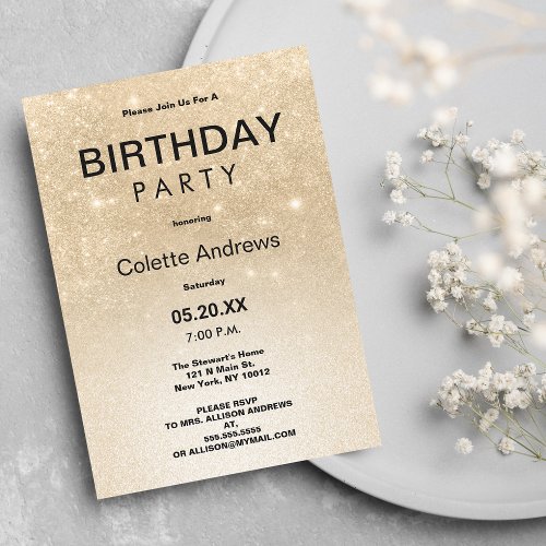 Chic Ivory Gold Gradient Glitter Birthday Party Invitation