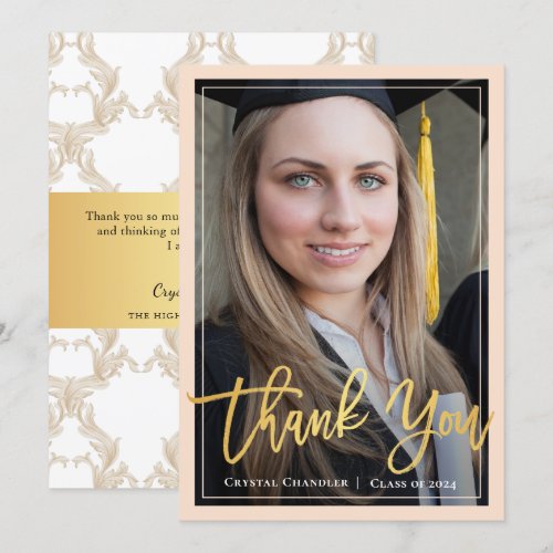 Chic Ivory Gold Script Graduation Photo Thank You Announcement
