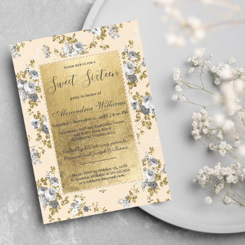 Chic Ivory Gray Gold Glitter Floral Sweet 16 Invit Invitation by girly_paradise at Zazzle