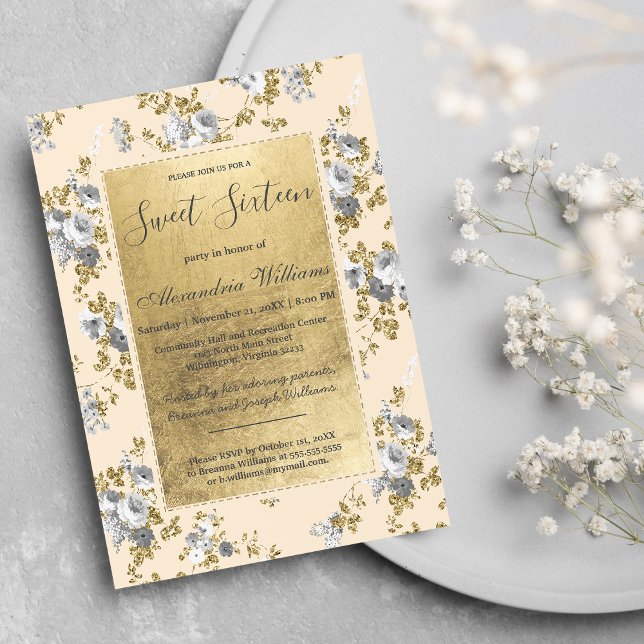 Chic ivory gray gold glitter floral Sweet 16 Invit Invitation (Chic ivory gray gold glitter floral Sweet 16 )