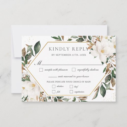 Chic Ivory Magnolia Floral Greenery Wedding Meal  RSVP Card