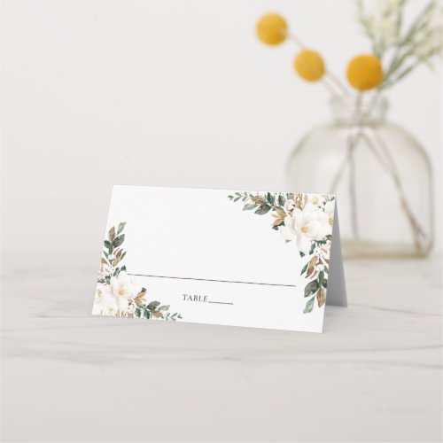 Chic Ivory Magnolia Greenery Wedding Guest Name   Place Card