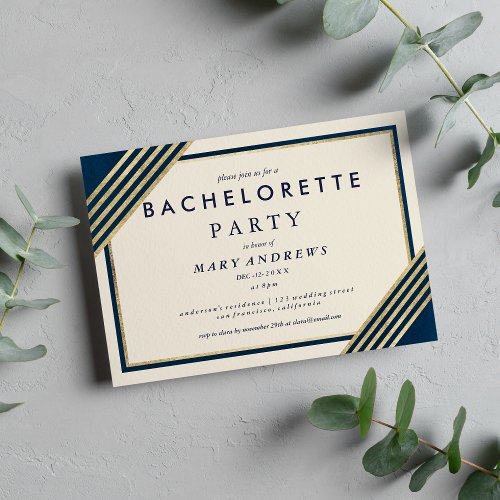 Chic ivory navy blue faux gold Bachelorette Party Invitation