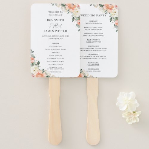 Chic Ivory Peach Pink Floral Wedding Program Hand Fan