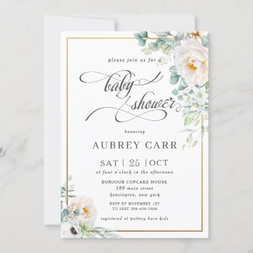 Chic Ivory Peony Rose Floral Greenery Baby Shower  Invitation