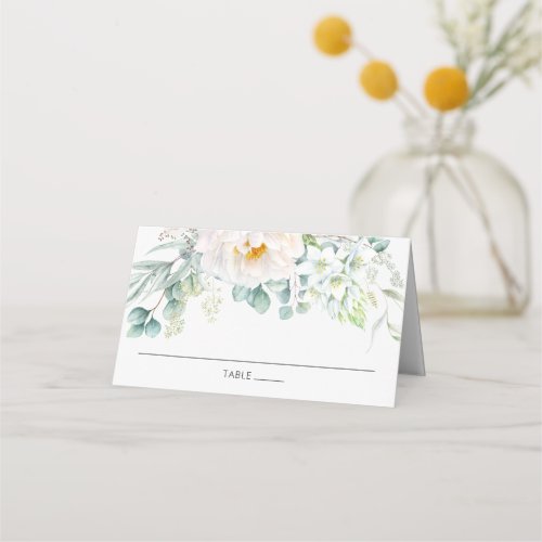 Chic Ivory Peony White Floral Eucalyptus Wedding  Place Card