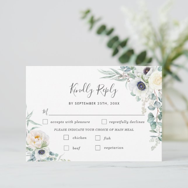 Chic Ivory Peony White Floral Wedding Meal Choice  RSVP Card (Standing Front)