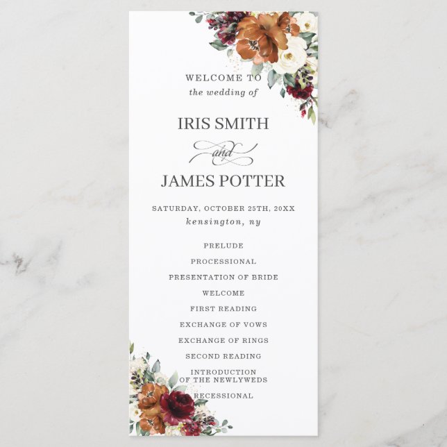 Chic Ivory Rust Burgundy Floral Wedding Program (Front)