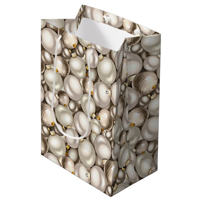 Chic Ivory Silver Gold Baubles Ornaments Pattern Medium Gift Bag (Front Angled)
