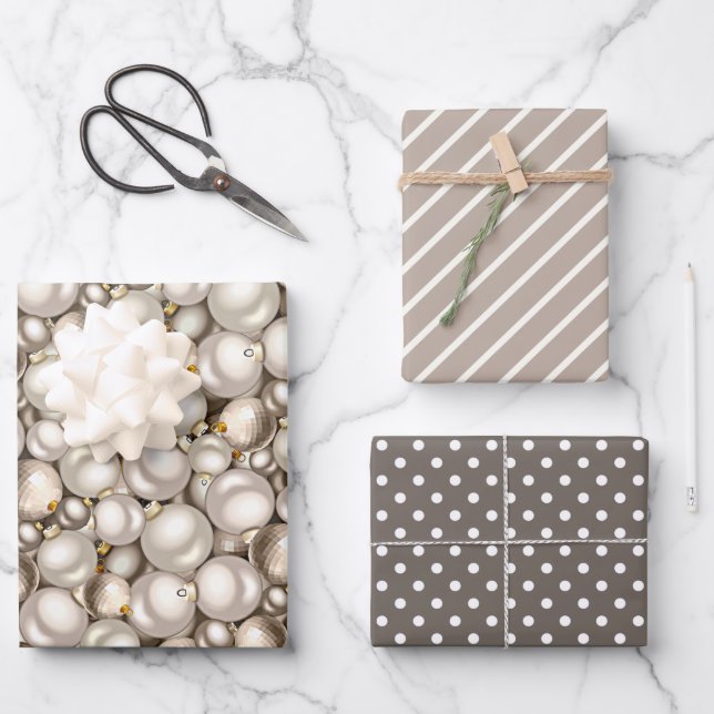 Chic Ivory Silver Gold Baubles Ornaments Pattern Wrapping Paper Sheets (Front)