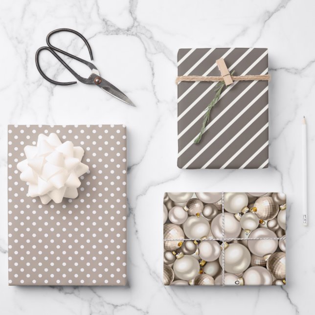 Chic Ivory Silver Gold Baubles Ornaments Pattern Wrapping Paper Sheets (Front)