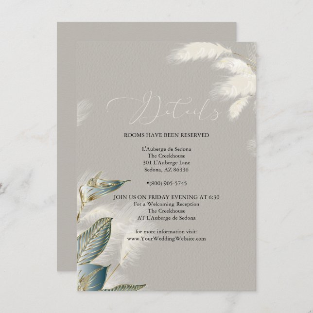Chic Ivory  Teal Pampas Grass  Invitation (Front/Back)